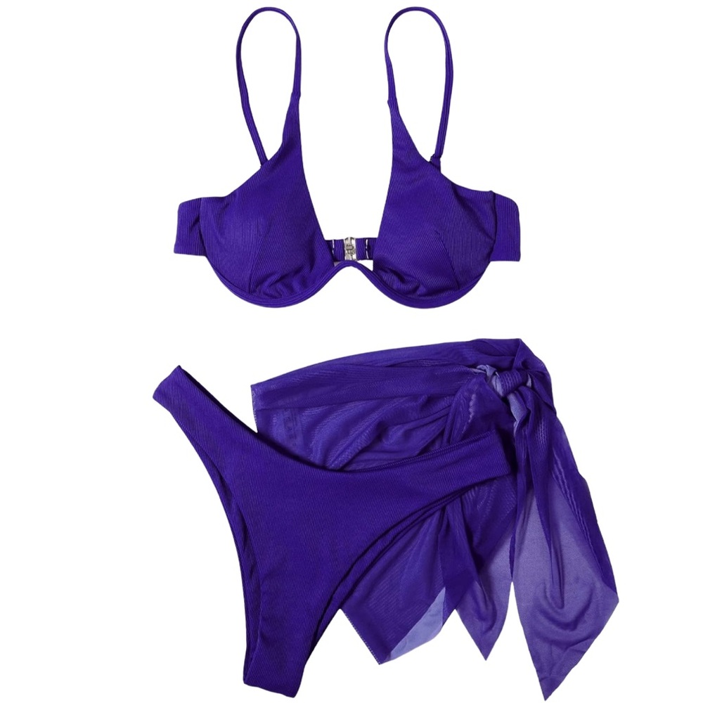 NEW Set Cobalt Blue Notch-front Knit Bikini + Cover-up Sarong Wrap Coverup Large